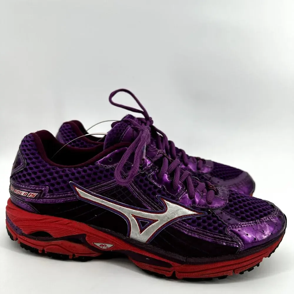 Mizuno Wave Rider 15 Neutral Running Shoes Lace Up Athletic Purple Red 8.5